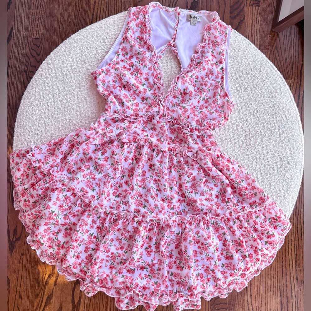 Justify Small Pink Green and Rose Floral Ruffle SunDress Open Back Button Detail